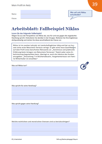 Arbeitsblatt: Mein Profil im Netz - Arbeitsblatt: Fallbeispiel Niklas
