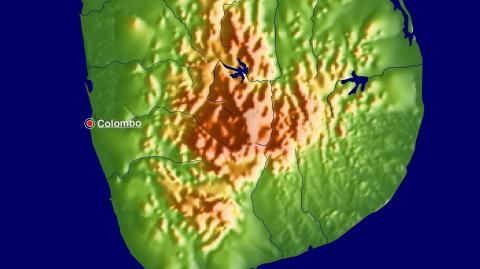 Karte: Landkarte Sri Lanka (Staatsgrenzen und Hauptstadt): farbkodierte Topographie, schattiertes Relief