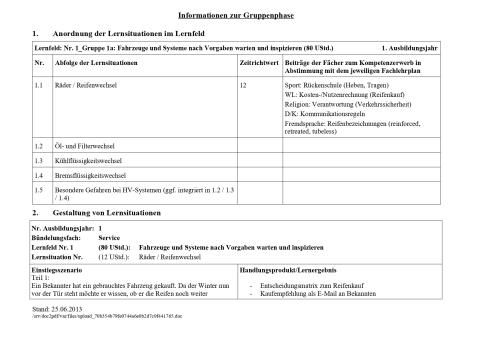 Unterrichtsplanung: Räder / Reifenwechsel