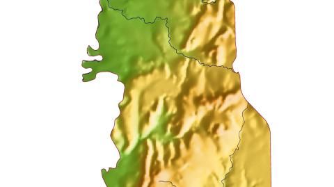 Karte: Landkarte Togo (Staatsgrenzen und Hauptstadt): farbkodierte Topographie, schattiertes Relief