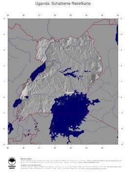 Karte: Landkarte Uganda (Staatsgrenzen und Hauptstadt): schattiertes Relief