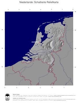 Karte: Landkarte Niederlande (Staatsgrenzen und Hauptstadt): schattiertes Relief