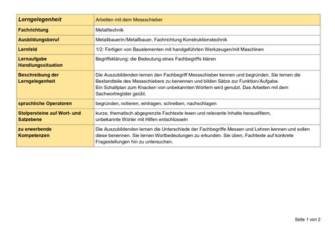 Unterrichtsplanung: Arbeiten mit dem Messschieber (Lerngelegenheit)