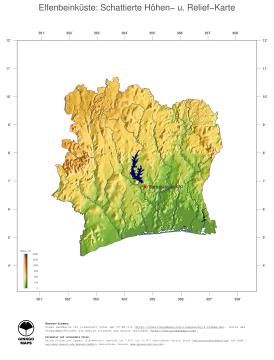 Karte: Landkarte Elfenbeinküste (Staatsgrenzen und Hauptstadt): farbkodierte Topographie, schattiertes Relief