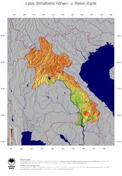 Karte: Landkarte Laos (Staatsgrenzen und Hauptstadt): farbkodierte Topographie, schattiertes Relief
