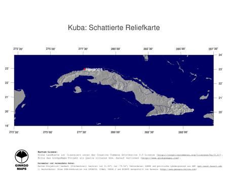 Karte: Landkarte Kuba (Staatsgrenzen und Hauptstadt): schattiertes Relief