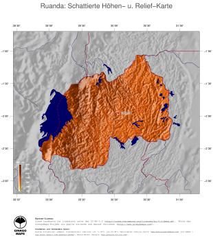 Karte: Landkarte Ruanda (Staatsgrenzen und Hauptstadt): farbkodierte Topographie, schattiertes Relief