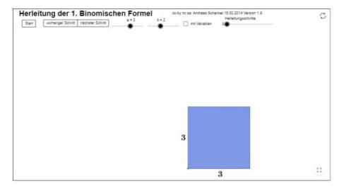 Interaktion: Herleitung 1. Binomische Formel (mit Zahlen oder Variablen)