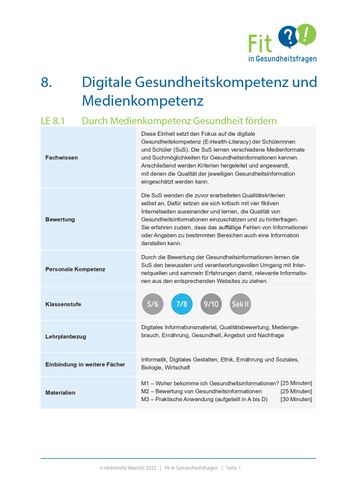 Unterrichtsplanung: Lerneinheit 8.1 Durch Medienkompetenz Gesundheit fördern