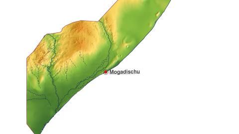 Karte: Landkarte Somalia (Staatsgrenzen und Hauptstadt): farbkodierte Topographie, schattiertes Relief
