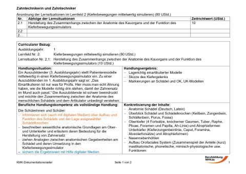 Unterrichtsplanung: Zusammenhang zwischen der Anatomie des Kauorgans und der Funktion des Kieferbewegungssimulators