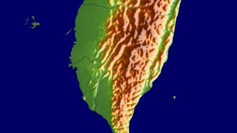 Karte: Landkarte Taiwan (Staatsgrenzen und Hauptstadt): farbkodierte Topographie, schattiertes Relief
