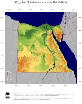 Karte: Landkarte Ägypten (Staatsgrenzen und Hauptstadt): farbkodierte Topographie, schattiertes Relief