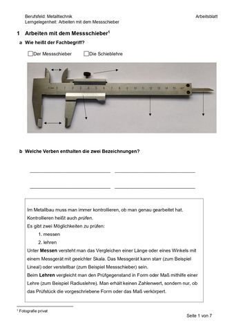 Arbeitsblatt: Arbeiten mit dem Messschieber (Arbeitsblatt)