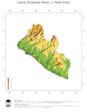 Karte: Landkarte Liberia (Staatsgrenzen und Hauptstadt): farbkodierte Topographie, schattiertes Relief