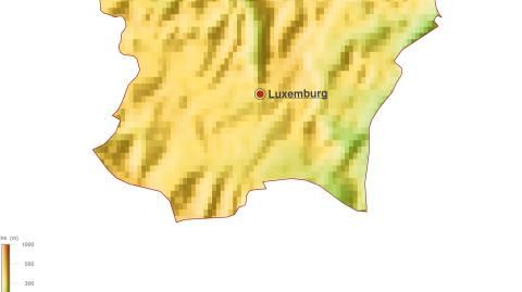 Karte: Landkarte Luxemburg (Staatsgrenzen und Hauptstadt): farbkodierte Topographie, schattiertes Relief