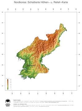 Karte: Landkarte Nordkorea (Staatsgrenzen und Hauptstadt): farbkodierte Topographie, schattiertes Relief