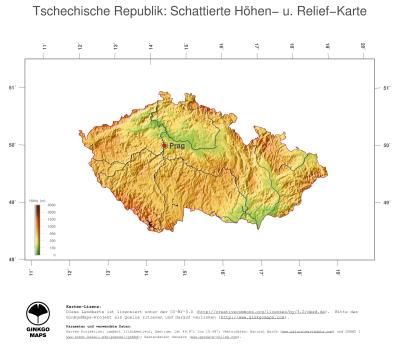 Karte: Landkarte Tschechische Republik (Staatsgrenzen und Hauptstadt): farbkodierte Topographie, schattiertes Relief
