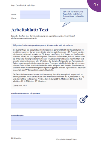 Arbeitsblatt: Den Durchblick behalten! Arbeitsblatt: Text