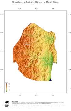 Karte: Landkarte Swasiland (Staatsgrenzen und Hauptstadt): farbkodierte Topographie, schattiertes Relief