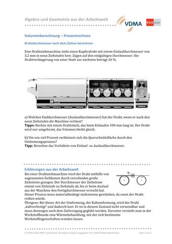 Arbeitsblatt: Volumenberechnung - Prozentrechnen | Drahtdurchmesser nach dem Ziehen berechnen (PDF)