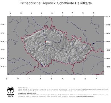 Karte: Landkarte Tschechische Republik (Staatsgrenzen und Hauptstadt): schattiertes Relief