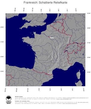 Karte: Landkarte Frankreich (Staatsgrenzen und Hauptstadt): schattiertes Relief