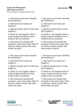 Unterrichtsbaustein: Wertebarometer | Fragen für Kleingruppen
