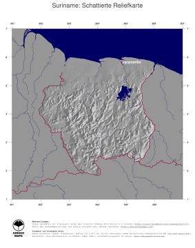Karte: Landkarte Suriname (Staatsgrenzen und Hauptstadt): schattiertes Relief