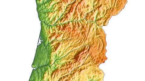 Karte: Landkarte Portugal (Staatsgrenzen und Hauptstadt): farbkodierte Topographie, schattiertes Relief