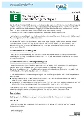 Unterrichtsbaustein: E 01 Nachhaltigkeit und Generationengerechtigkeit