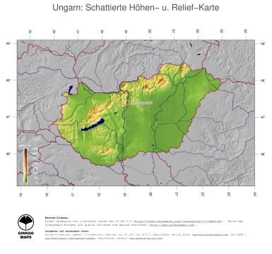 Karte: Landkarte Ungarn (Staatsgrenzen und Hauptstadt): farbkodierte Topographie, schattiertes Relief