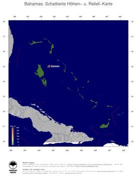 Karte: Landkarte Bahamas (Staatsgrenzen und Hauptstadt): farbkodierte Topographie, schattiertes Relief