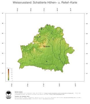 Karte: Landkarte Weissrussland (Staatsgrenzen und Hauptstadt): farbkodierte Topographie, schattiertes Relief