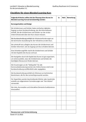 Unterrichtsplanung: LS 9.2 Entscheidung für einen neuen Online-Vertriebskanal | Checkliste für einen Blended-Learning-Kurs