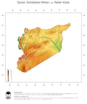 Karte: Landkarte Syrien (Staatsgrenzen und Hauptstadt): farbkodierte Topographie, schattiertes Relief