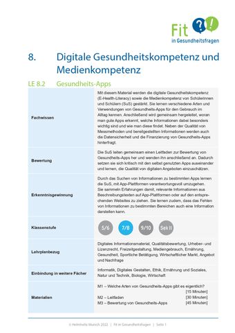 Unterrichtsplanung: Lerneinheit 8.2 Gesundheits-Apps