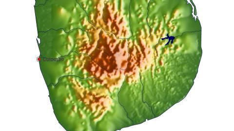 Karte: Landkarte Sri Lanka (Staatsgrenzen und Hauptstadt): farbkodierte Topographie, schattiertes Relief