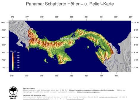 Karte: Landkarte Panama (Staatsgrenzen und Hauptstadt): farbkodierte Topographie, schattiertes Relief