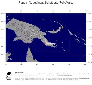 Karte: Landkarte Papua Neuguinea (Staatsgrenzen und Hauptstadt): schattiertes Relief