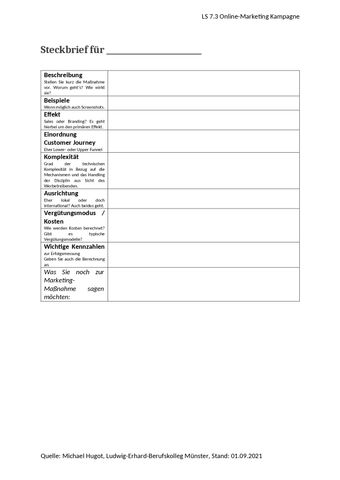 Unterrichtsbaustein: LS 7.3 Entwicklung einer Online-Marketing-Kampagne | Exemplarisches Unterrichtsmaterial Nr. 9: Steckbrief Online-Marketingmaßnahme (Vorlage)