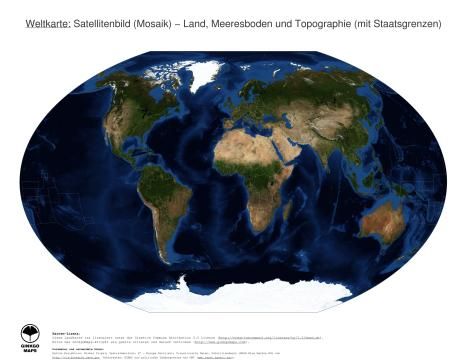 Karte: Weltkarte (Land, Meeresboden und Topographie (mit Staatsgrenzen))