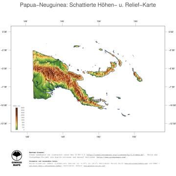 Karte: Landkarte Papua Neuguinea (Staatsgrenzen und Hauptstadt): farbkodierte Topographie, schattiertes Relief