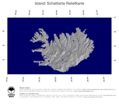 Karte: Landkarte Island (Staatsgrenzen und Hauptstadt): schattiertes Relief