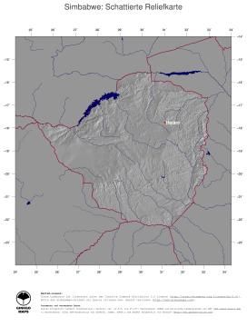 Karte: Landkarte Simbabwe (Staatsgrenzen und Hauptstadt): schattiertes Relief