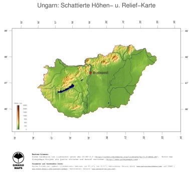 Karte: Landkarte Ungarn (Staatsgrenzen und Hauptstadt): farbkodierte Topographie, schattiertes Relief
