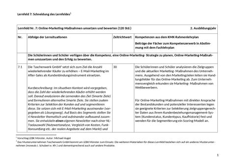 Unterrichtsplanung: Anordnung der Lernsituationen Lernfeld 7