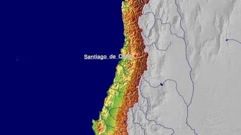 Karte: Landkarte Chile (Staatsgrenzen und Hauptstadt): farbkodierte Topographie, schattiertes Relief