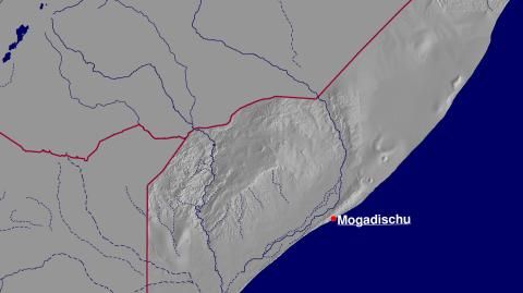 Karte: Landkarte Somalia (Staatsgrenzen und Hauptstadt): schattiertes Relief