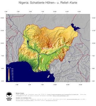 Karte: Landkarte Nigeria (Staatsgrenzen und Hauptstadt): farbkodierte Topographie, schattiertes Relief